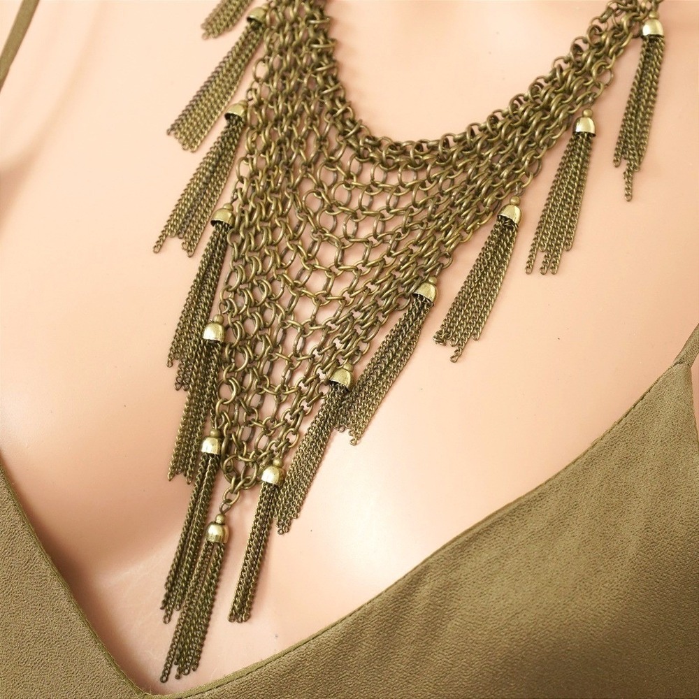 Bronze Tone Statement Chainmail‎ Boho Steampunk Necklace with tassels